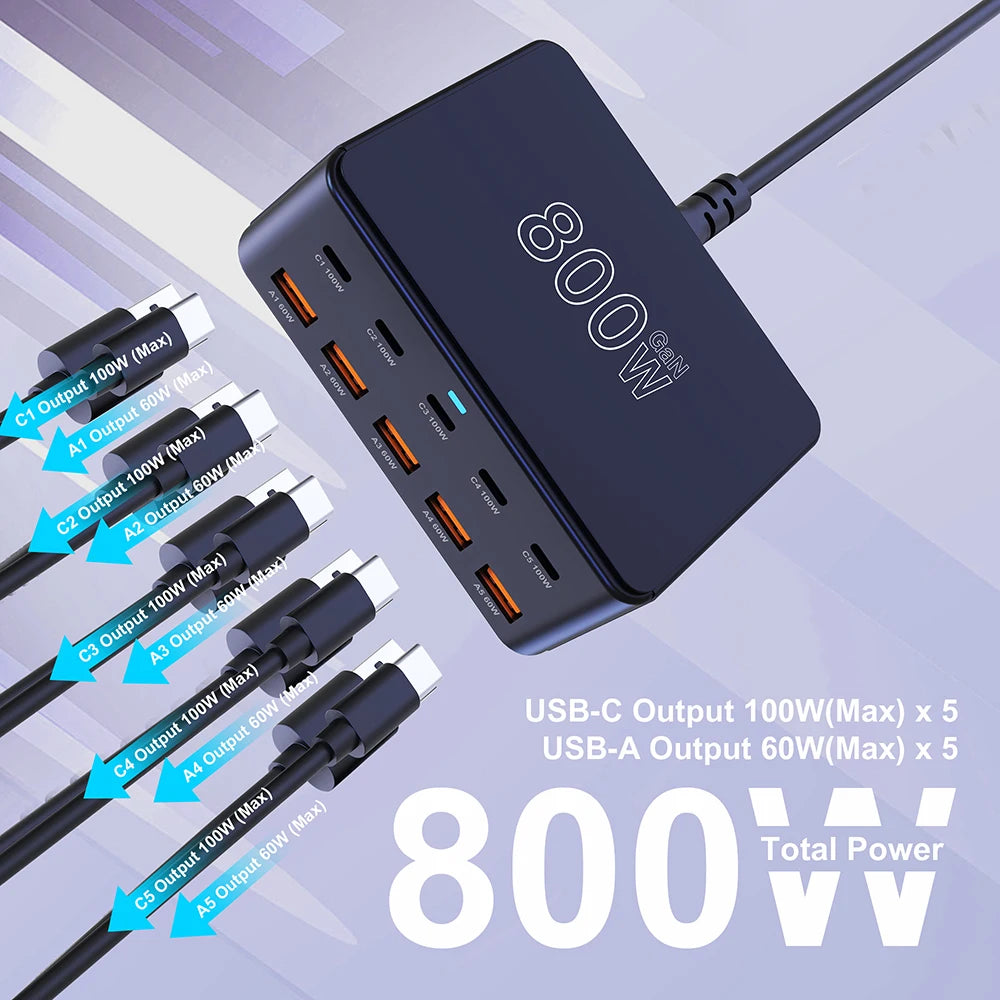 RDT 800W USB C Charger Multiport Fast Charging Station for iPhone 15 16