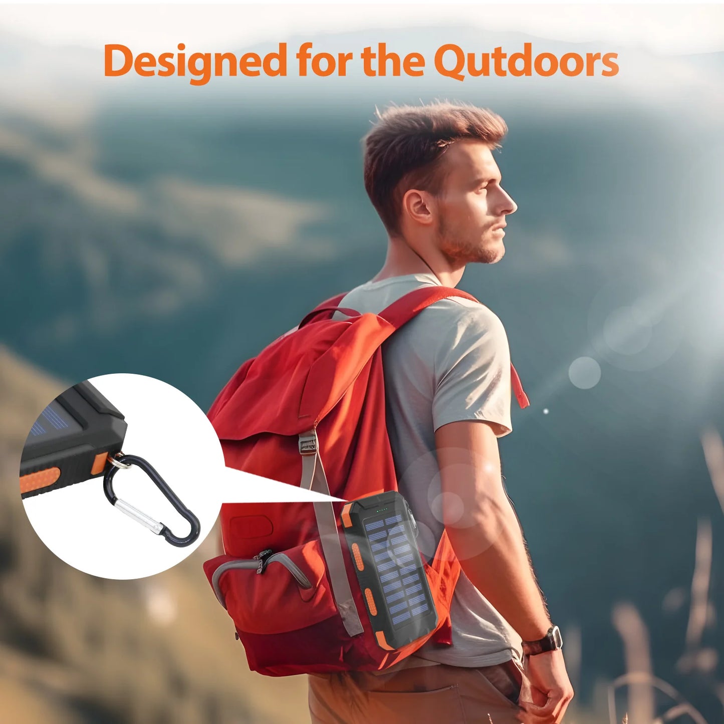 RDT 20000mAh Solar Power Bank Portable Solar Charger Waterproof Dual 5V USB Ports 2 LED Light Flashlight