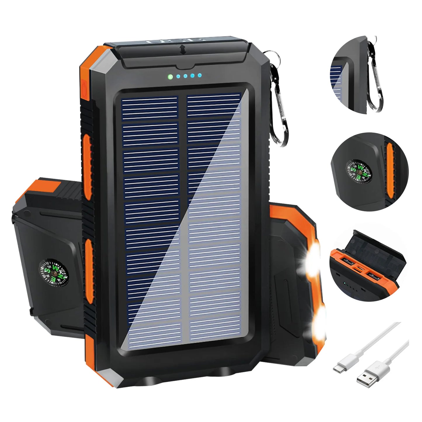 RDT 20000mAh Solar Power Bank Portable Solar Charger Waterproof Dual 5V USB Ports 2 LED Light Flashlight