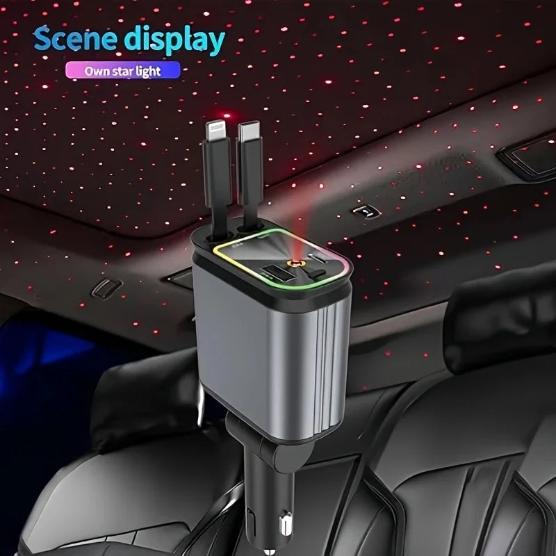 RDT 4 in 1 Retractable Car Charger, 66W Fast Charging, 2 USB Ports Star Car Charger Adapter, 180 ° Adjustable Built-In Type-C