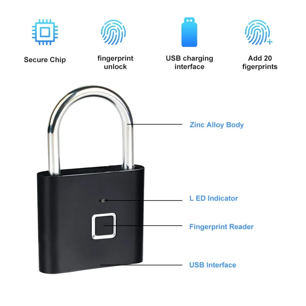 RDT Quality Waterproof Fingerprint Lock Keyless Anti-Theft Smart Lock Fingerprint Padlock Zinc Alloy Safety Electronic Door Locks