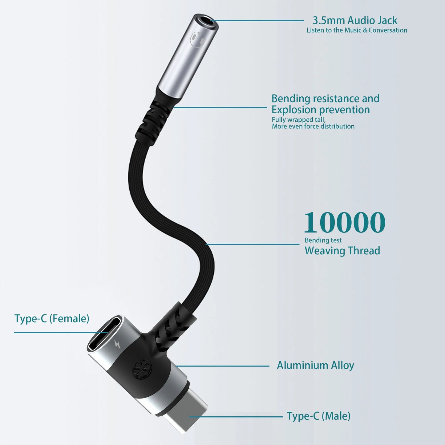 RDT USB C to 3.5mm earphones and charger adapter 2-in-1 C-type to Aux microphone jack, with PD 100W fast charging
