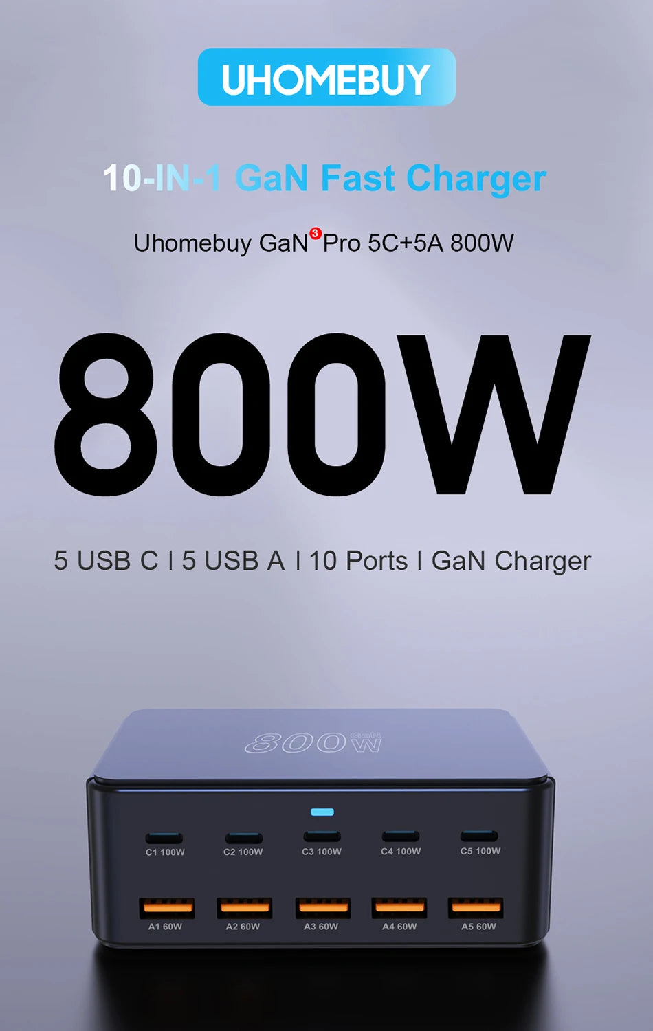 RDT 800W USB C Charger Multiport Fast Charging Station for iPhone 15 16