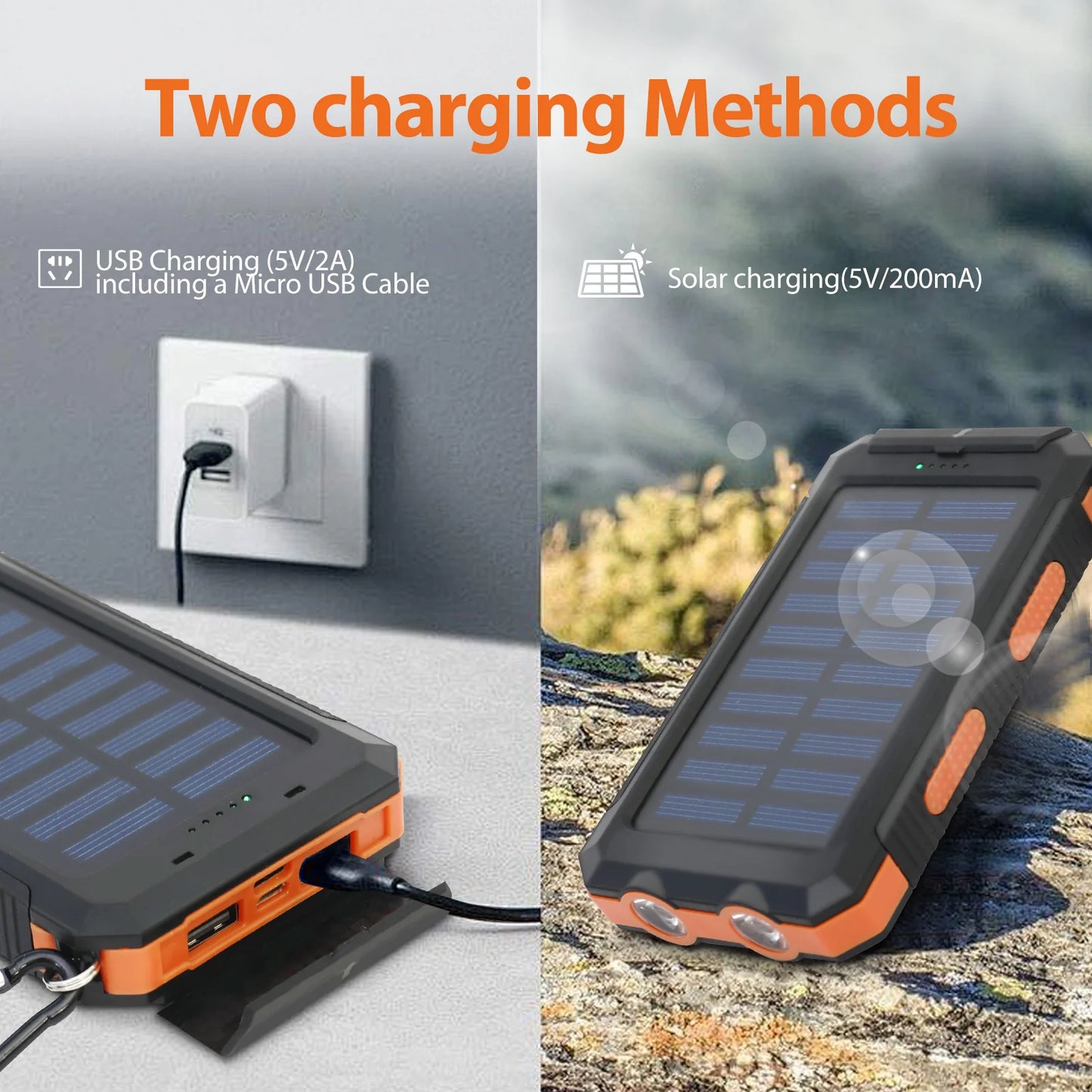 RDT 20000mAh Solar Power Bank Portable Solar Charger Waterproof Dual 5V USB Ports 2 LED Light Flashlight