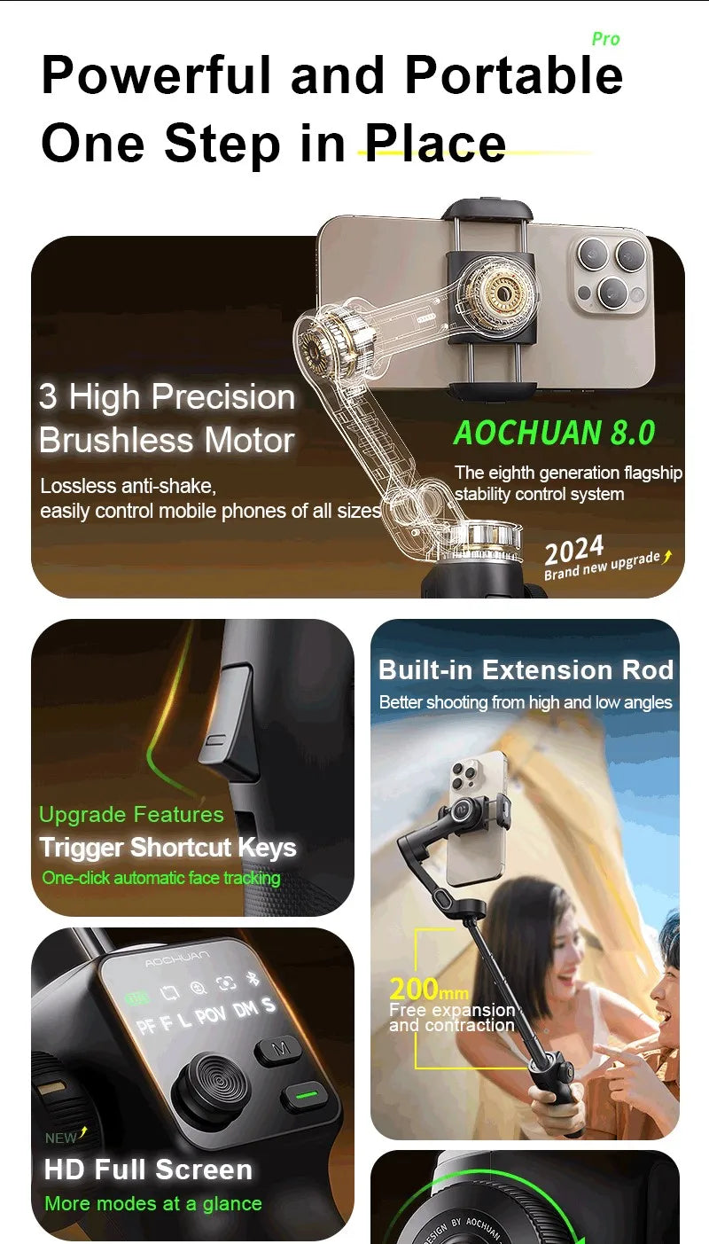 RDT 3-Axis Handheld Gimbal Phone Stabilizer with Extension Rod  8.0 Anti Shake Face Tracking for Phone Outdoor Shooting Vlog