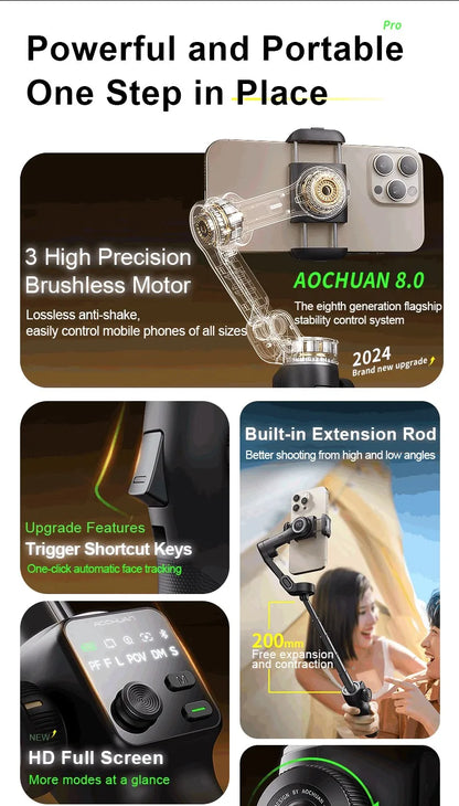 RDT 3-Axis Handheld Gimbal Phone Stabilizer with Extension Rod  8.0 Anti Shake Face Tracking for Phone Outdoor Shooting Vlog