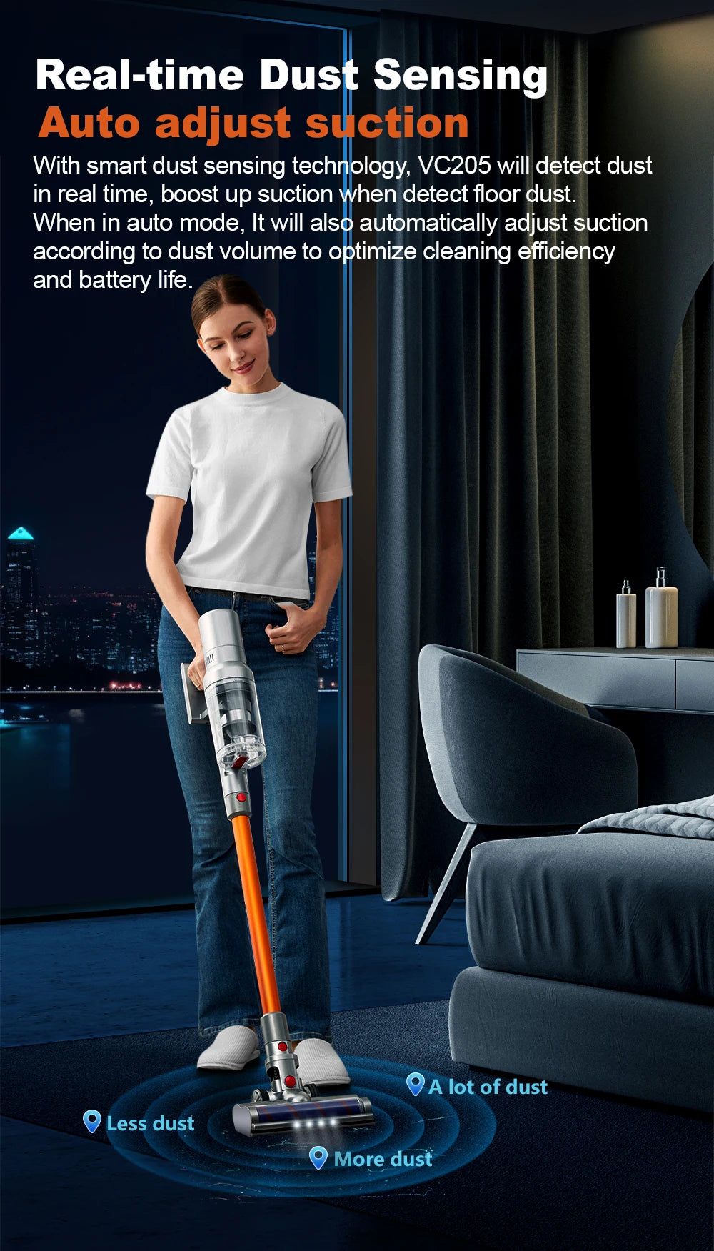 RDT VC205 Cordless Handheld Vacuum Cleaner,27000PA,Touch Screen Smart Dust Sensor