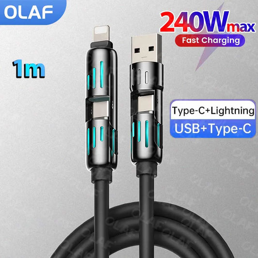RDT 4 in 1 240W USB Type C Silicone Fast Charging Cable 5A USB Type C To Lightning Super Fast Charge Data Cable For iPhone 15 Xiaomi