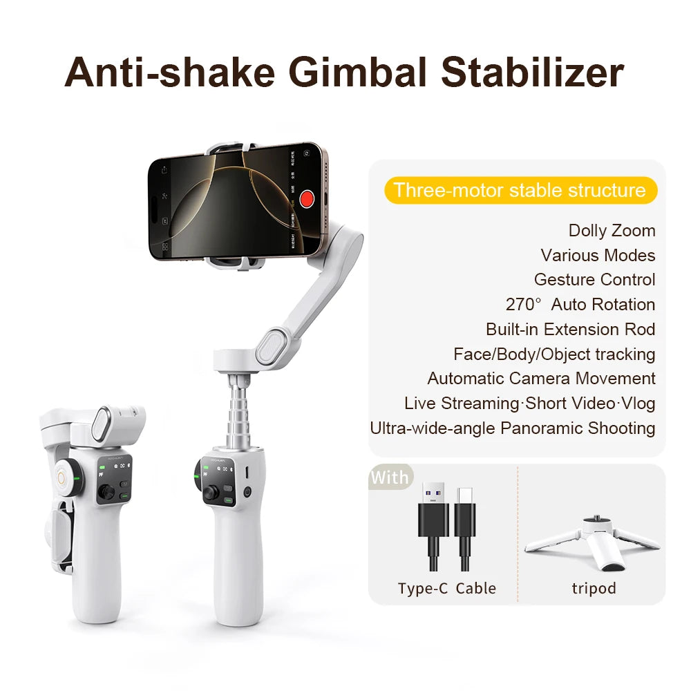 RDT 3-Axis Handheld Gimbal Phone Stabilizer with Extension Rod  8.0 Anti Shake Face Tracking for Phone Outdoor Shooting Vlog