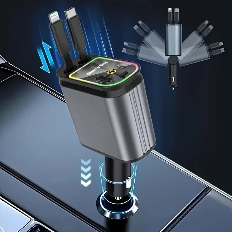 RDT 4 in 1 Retractable Car Charger, 66W Fast Charging, 2 USB Ports Star Car Charger Adapter, 180 °   Adjustable Built-In Type-C