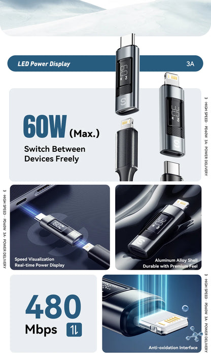 RDT Type C Adapter Digital Display PD 60W Fast Charging Lightning iPhone 16 15 14 13