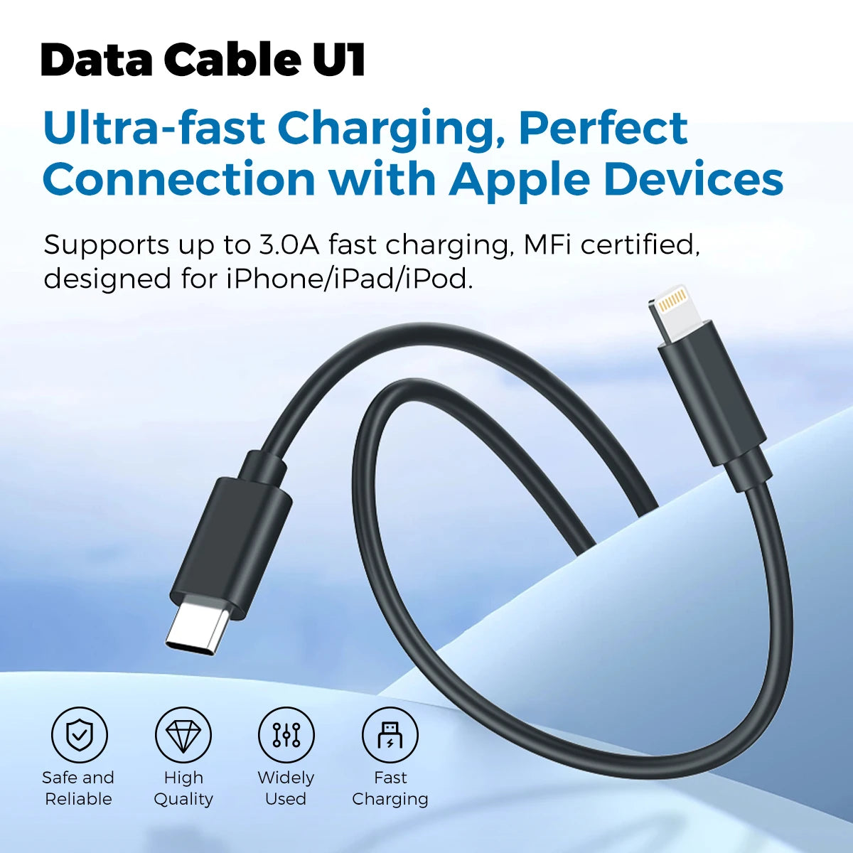RDT U1-U4 Data Cables Fast Charging USB C to Lightning Type-C to C Cable for All Devices Smart Chip Protection