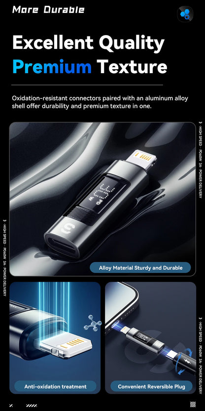 RDT Type C Adapter Digital Display PD 60W Fast Charging Lightning iPhone 16 15 14 13