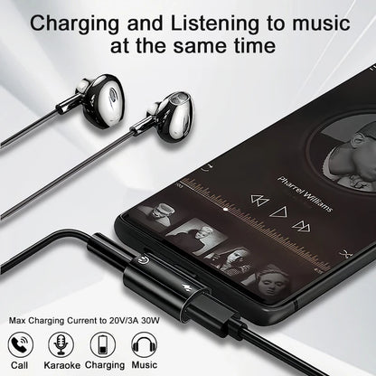 RDT USB Type C to 3.5mm Headphone and Charger Adapter 30W Fast Charging Splitter With Aux Audio
