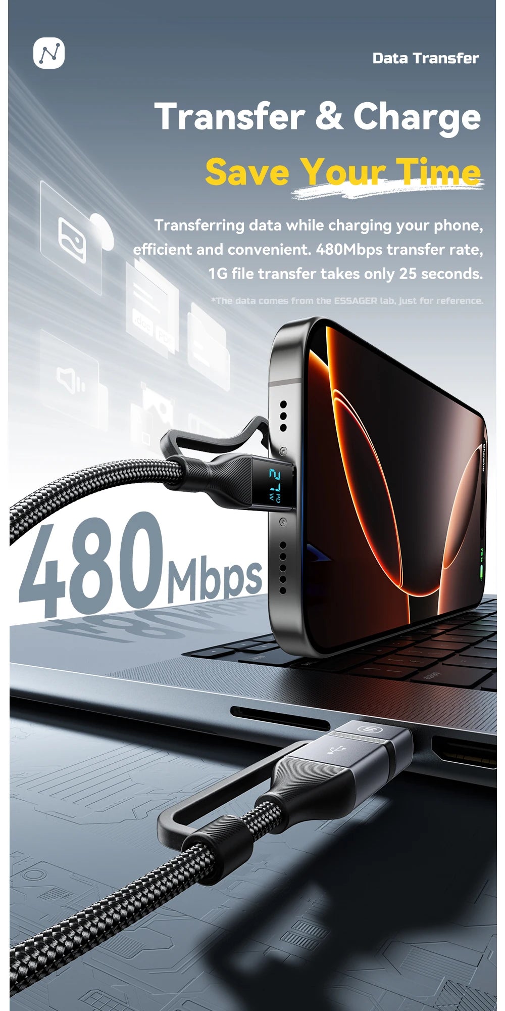 RDT 4 In 1 Digital Display USB Cable Type C 100W PD Fast Charging Wire For iPhone Macbook iPad Xiaomi Type C Lighting Cable