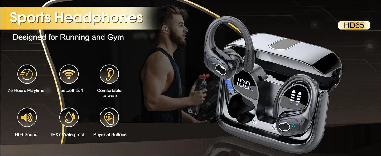 RDT TWS Sports Earbuds Bluetooth 5.4 Bass Wireless Headphones LED, Touch Hands-free Earphone Noise Cancelling, Waterproof