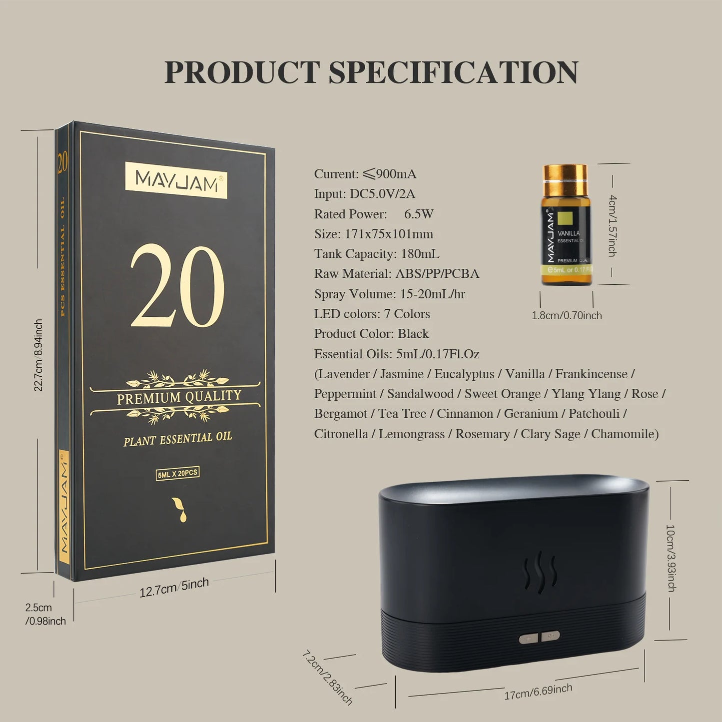 20 Bottles Essential Oils & Aroma Humidifier Set Lavender Jasmine Eucalyptus