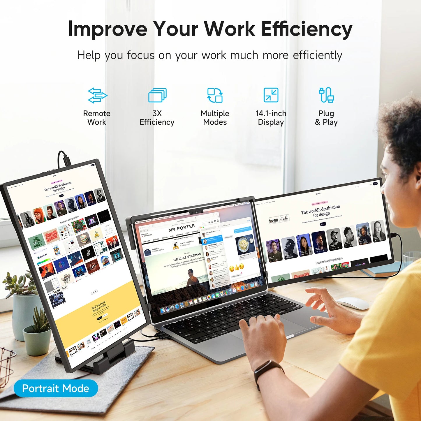 RDT Dopesplay Triple Dual Laptop Screen Extender FHD 1200P 14.1 inch Portable Monitors For Windows Mac Android Laptops 14-17.3inch