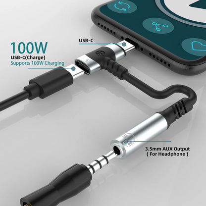 RDT USB C to 3.5mm earphones and charger adapter 2-in-1 C-type to Aux microphone jack, with PD 100W fast charging