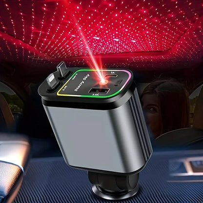 RDT 4 in 1 Retractable Car Charger, 66W Fast Charging, 2 USB Ports Star Car Charger Adapter, 180 °   Adjustable Built-In Type-C