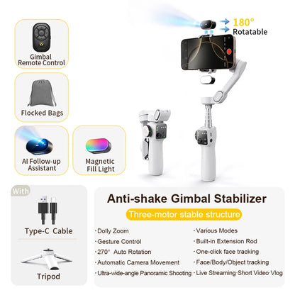 RDT 3-Axis Handheld Gimbal Phone Stabilizer with Extension Rod  8.0 Anti Shake Face Tracking for Phone Outdoor Shooting Vlog