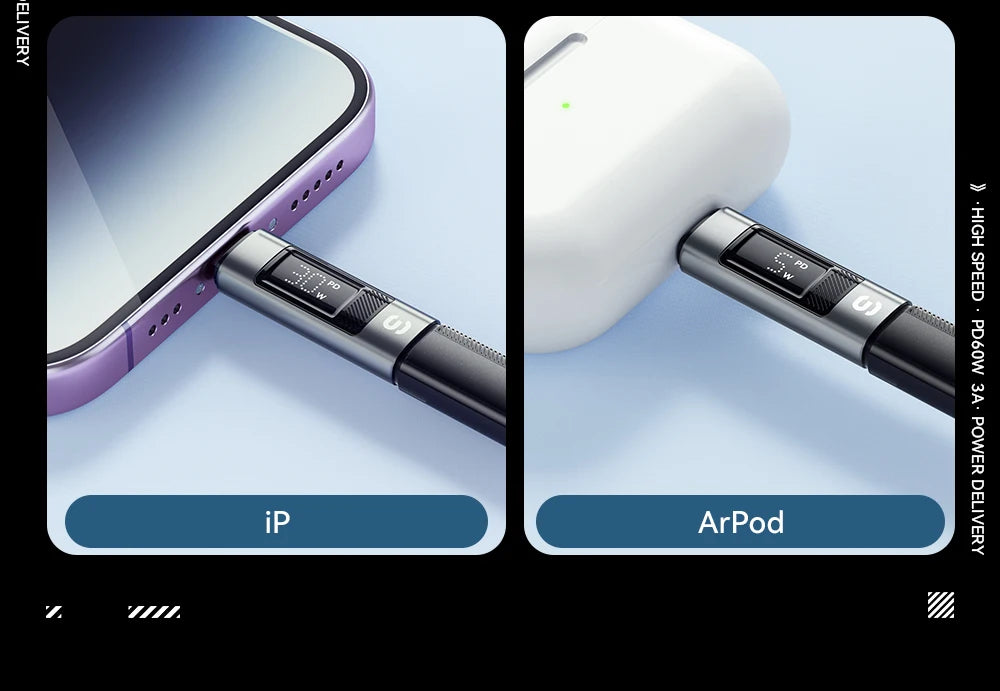 RDT Type C Adapter Digital Display PD 60W Fast Charging Lightning iPhone 16 15 14 13