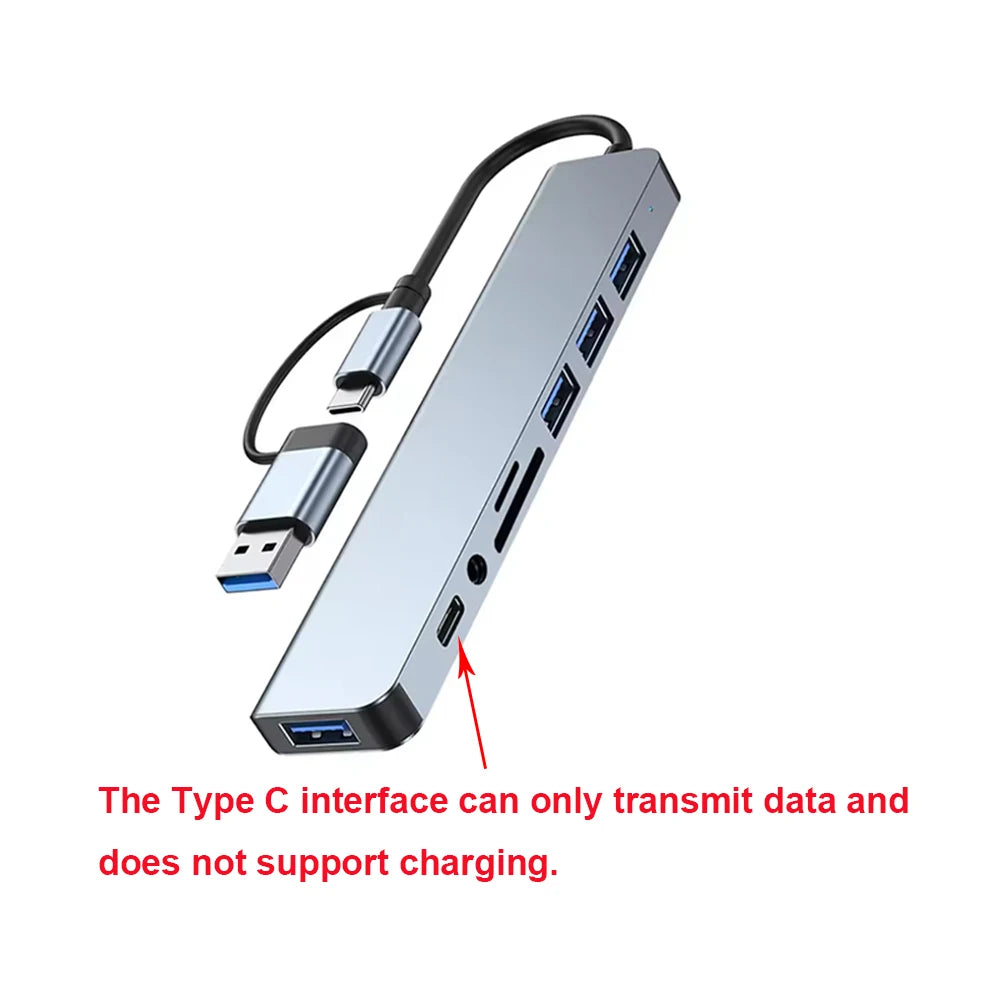 RDT 8 in 2 USB +Type C HUB Docking Station with 3.5mm Audio Jack Adapter Micro SD Card Reader Laptop Tablet Phone Disk