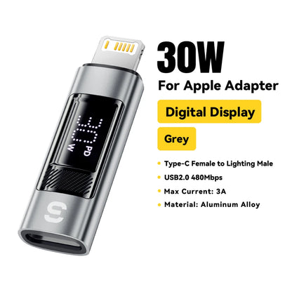 RDT Type C Adapter Digital Display PD 60W Fast Charging Lightning iPhone 16 15 14 13