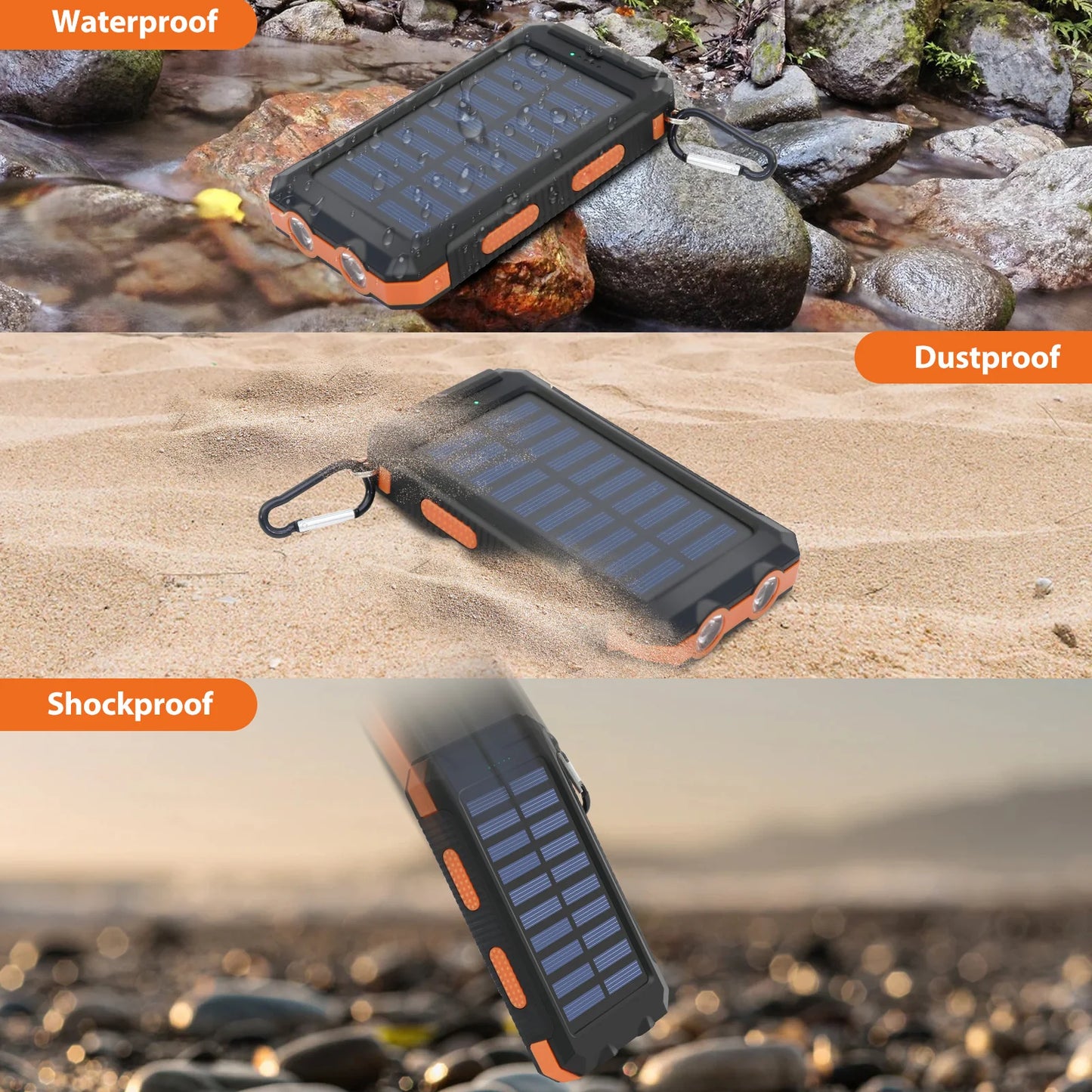 RDT 20000mAh Solar Power Bank Portable Solar Charger Waterproof Dual 5V USB Ports 2 LED Light Flashlight