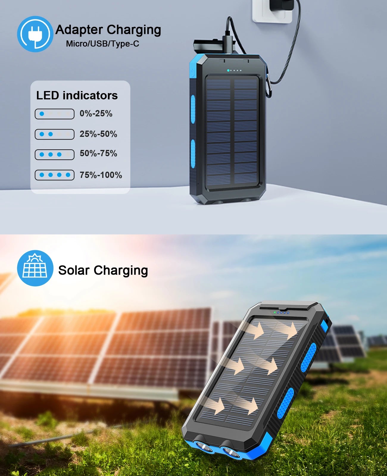 RDT Waterproof Outdoor Solar Power Bank 38800mAh Dual USB Travel Powerbanks For Camping