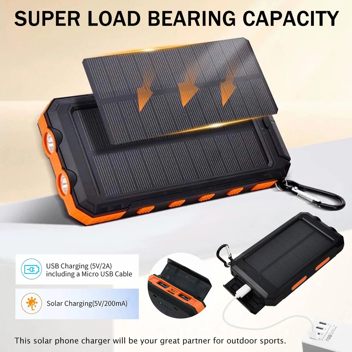 RDT 20000mAh Solar Power Bank Portable Solar Charger Waterproof Dual 5V USB Ports 2 LED Light Flashlight