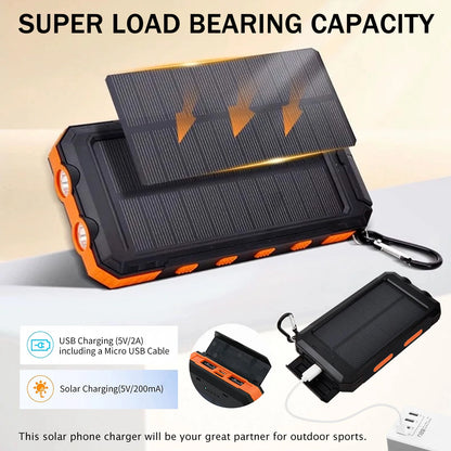 RDT 20000mAh Solar Power Bank Portable Solar Charger Waterproof Dual 5V USB Ports 2 LED Light Flashlight