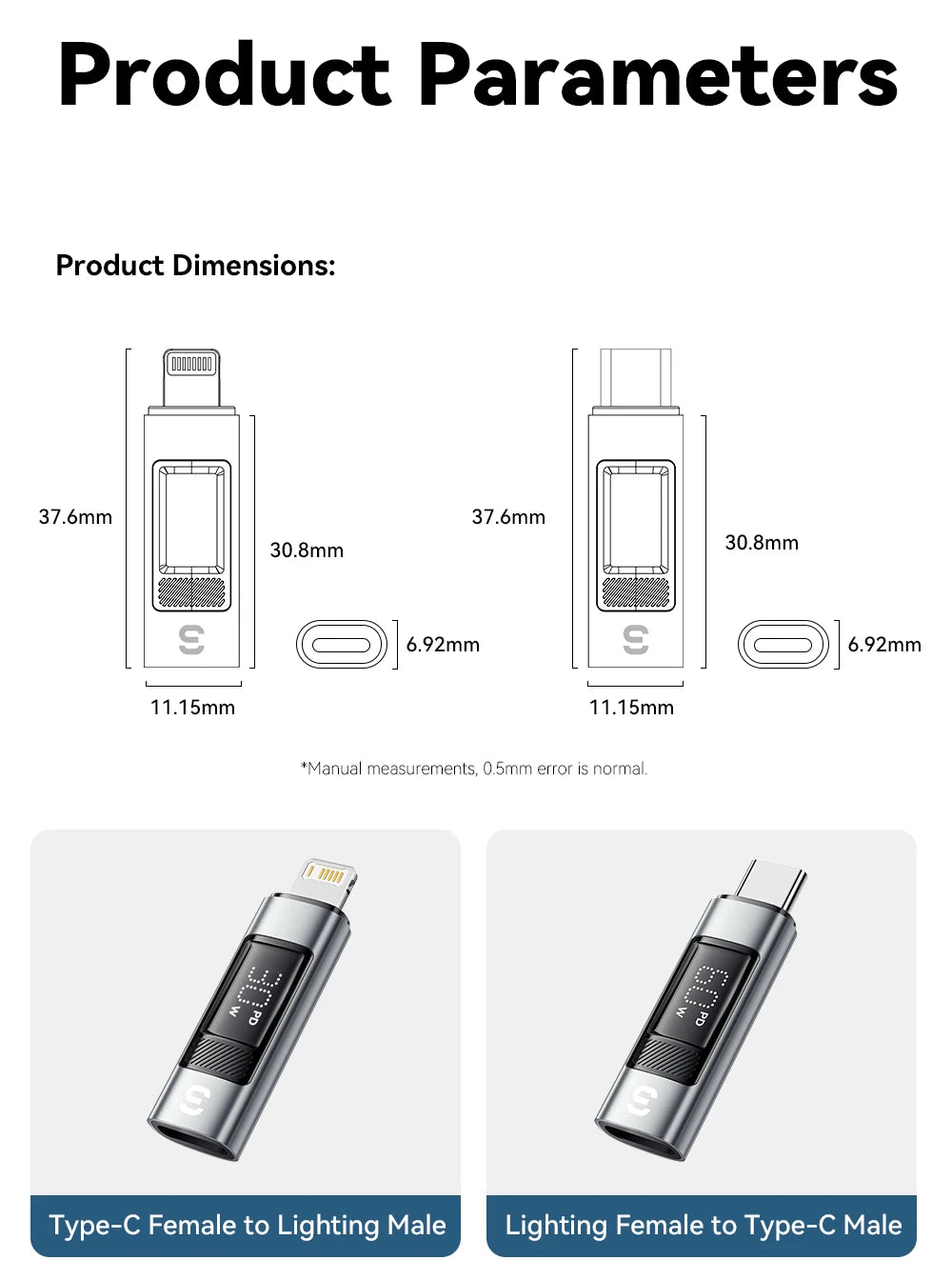 RDT Type C Adapter Digital Display PD 60W Fast Charging Lightning iPhone 16 15 14 13