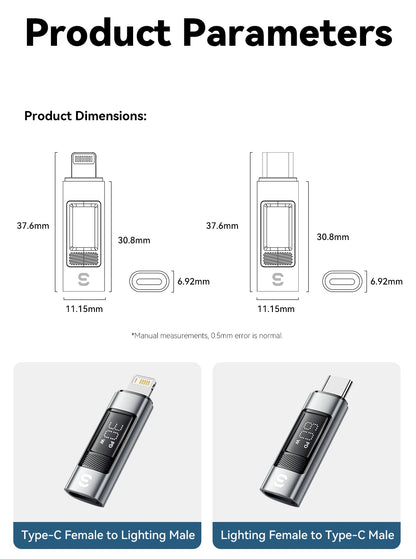 RDT Type C Adapter Digital Display PD 60W Fast Charging Lightning iPhone 16 15 14 13