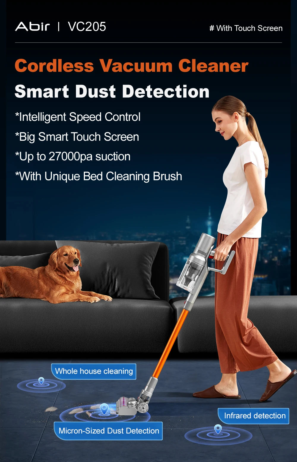 RDT VC205 Cordless Handheld Vacuum Cleaner,27000PA,Touch Screen Smart Dust Sensor