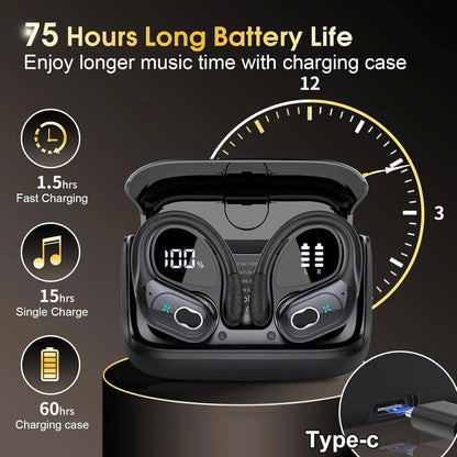 RDT TWS Sports Earbuds Bluetooth 5.4 Bass Wireless Headphones LED, Touch Hands-free Earphone Noise Cancelling, Waterproof