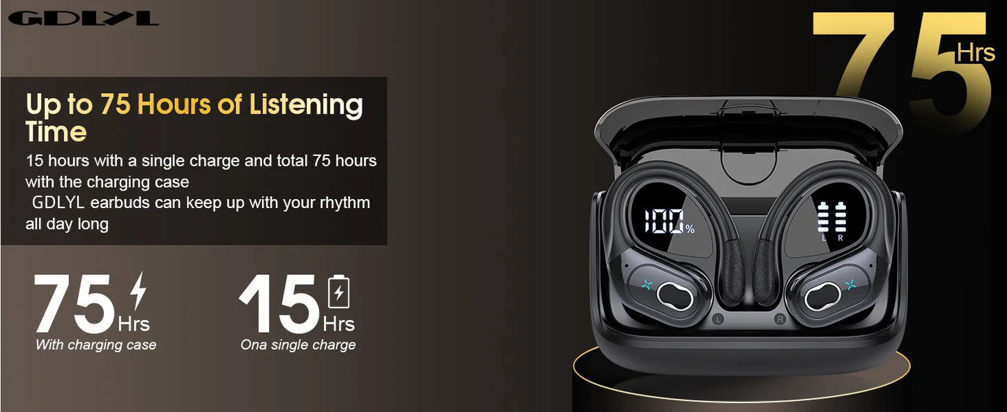 RDT TWS Sports Earbuds Bluetooth 5.4 Bass Wireless Headphones LED, Touch Hands-free Earphone Noise Cancelling, Waterproof