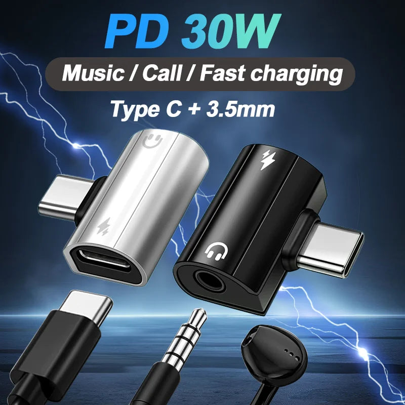 RDT USB Type C to 3.5mm Headphone and Charger Adapter 30W Fast Charging Splitter With Aux Audio