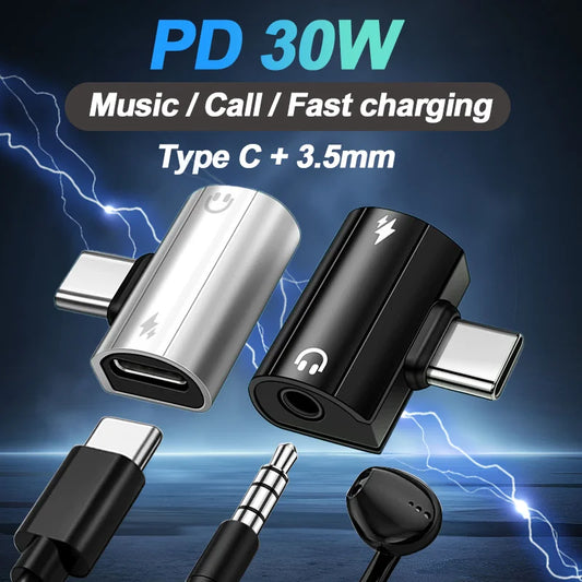 RDT USB Type C to 3.5mm Headphone and Charger Adapter 30W Fast Charging Splitter With Aux Audio