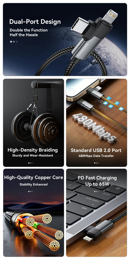 RDT 65W Max 2 in 1 Type C Lightning fast Wire For Samsung IPhone 14 13 12 11 Pro Max