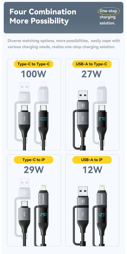 RDT 4 In 1 Digital Display USB Cable Type C 100W PD Fast Charging Wire For iPhone Macbook iPad Xiaomi Type C Lighting Cable