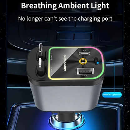 RDT 4 in 1 Retractable Car Charger, 66W Fast Charging, 2 USB Ports Star Car Charger Adapter, 180 °   Adjustable Built-In Type-C