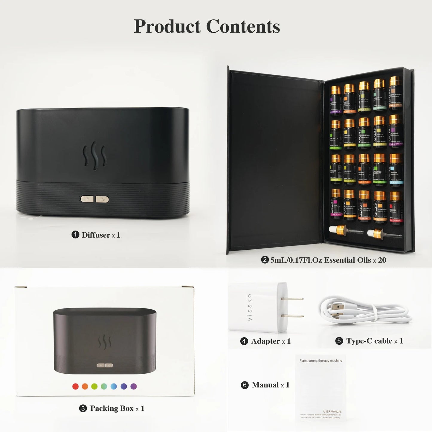 20 Bottles Essential Oils & Aroma Humidifier Set Lavender Jasmine Eucalyptus