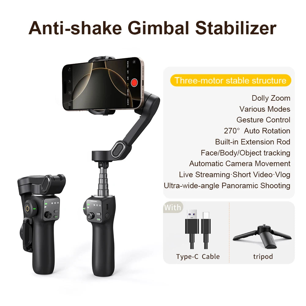 RDT 3-Axis Handheld Gimbal Phone Stabilizer with Extension Rod  8.0 Anti Shake Face Tracking for Phone Outdoor Shooting Vlog
