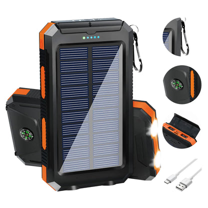 RDT 20000mAh Solar Power Bank Portable Solar Charger Waterproof Dual 5V USB Ports 2 LED Light Flashlight