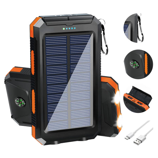 RDT 20000mAh Solar Power Bank Portable Solar Charger Waterproof Dual 5V USB Ports 2 LED Light Flashlight