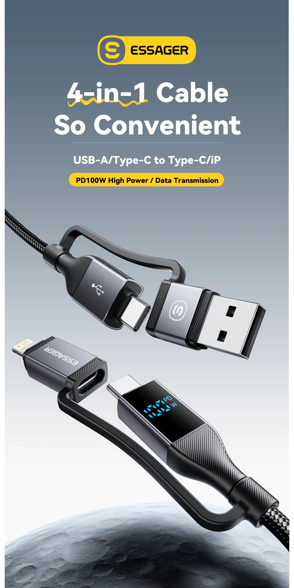 RDT 4 In 1 Digital Display USB Cable Type C 100W PD Fast Charging Wire For iPhone Macbook iPad Xiaomi Type C Lighting Cable