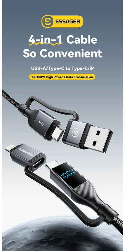 RDT 4 In 1 Digital Display USB Cable Type C 100W PD Fast Charging Wire For iPhone Macbook iPad Xiaomi Type C Lighting Cable