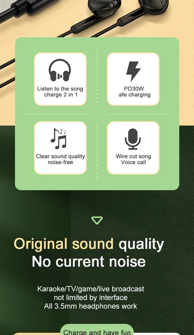 RDT USB Type C to 3.5mm Headphone and Charger Adapter 30W Fast Charging Splitter With Aux Audio