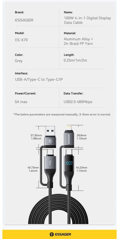 RDT 4 In 1 Digital Display USB Cable Type C 100W PD Fast Charging Wire For iPhone Macbook iPad Xiaomi Type C Lighting Cable